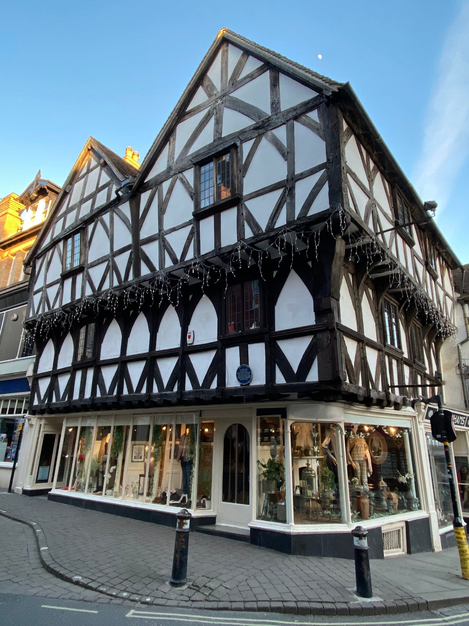 The Bodenhams of Ludlow Tudor timber-framed shopfront on Broad Street, three storeys of black oak frame and white lime plaster